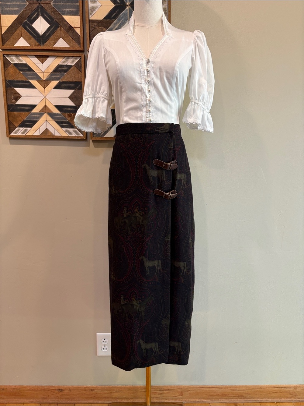 Ralph Lauren Black Paisley Midi Skirt with Buckle Straps